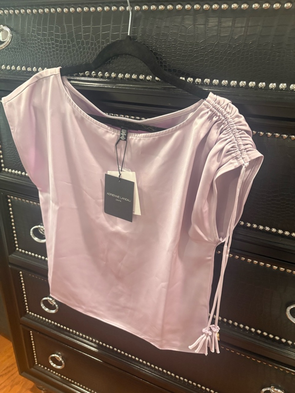 Adrienne Landau Lilac Short Sleeve Ruched-Shoulder Blouse